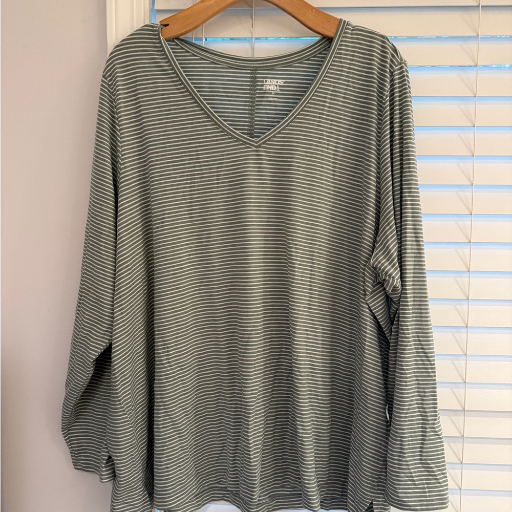 Lands' End Green and white Striped V-Neck Long Sleeve To